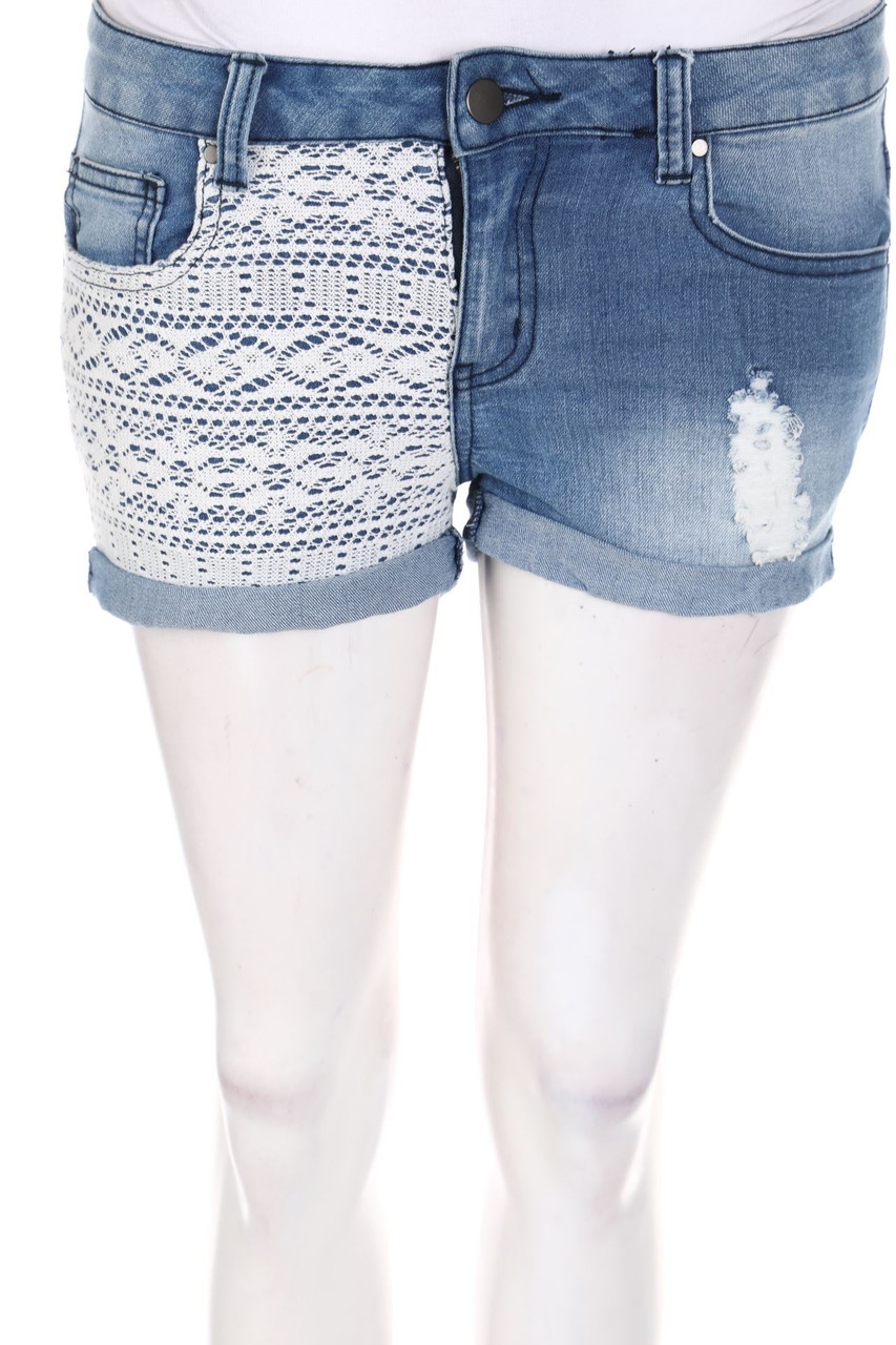 pieces - Destroyed-Jeans-Hotpants mit Spitze - M