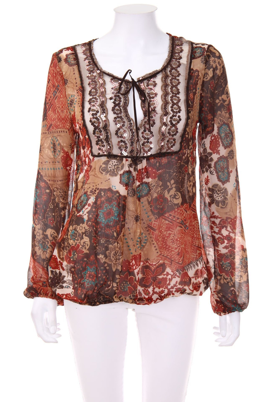 Ohne Label - Muster-Bluse mit Raffungen mit Pailletten - L