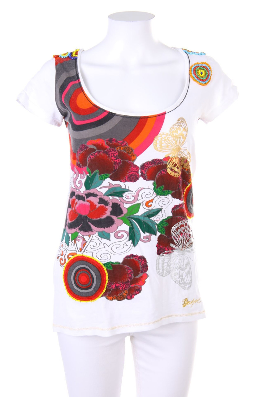 Desigual - Print-Kurzarm-Shirt mit Perlen mit Logo-Stickerei - M