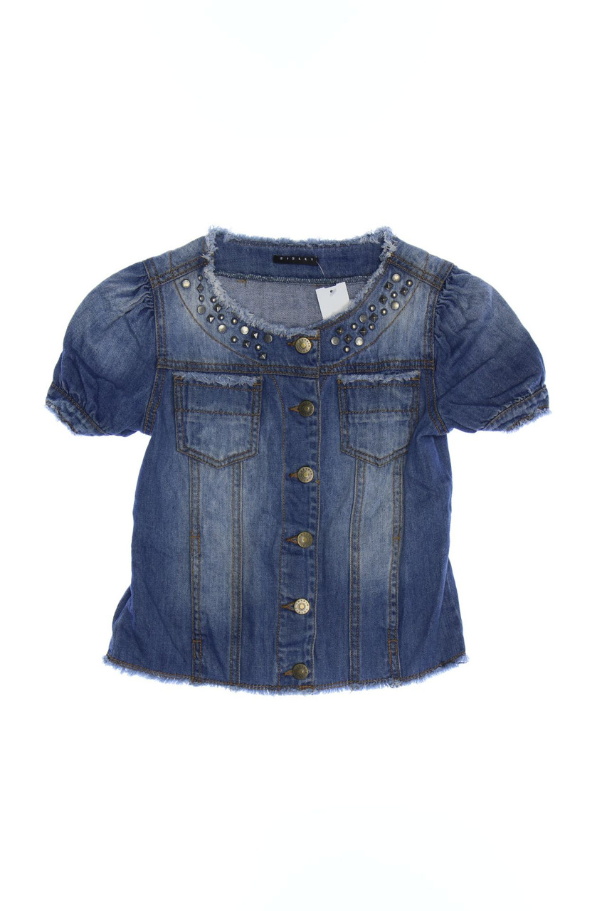 SISLEY - Jeans-Bluse im Used Look mit Nieten mit Raffungen - 152