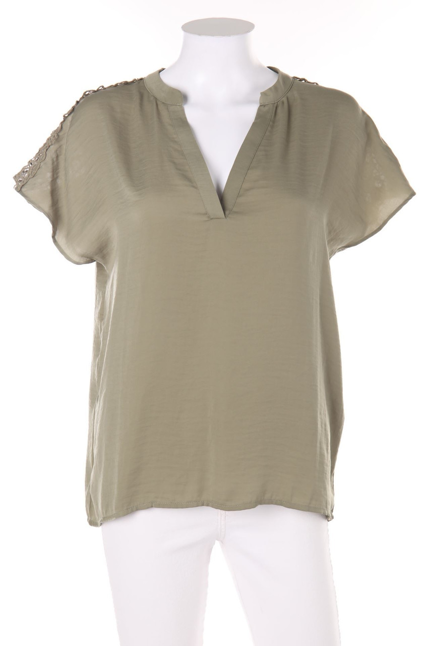 VILA - Satin-Bluse mit Spitzen-Einsatz mit Raffungen - L