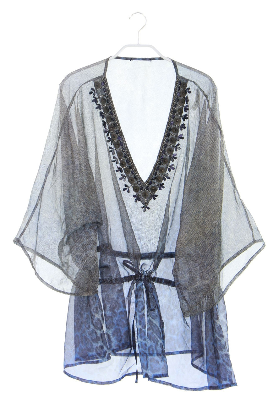 Ohne Label - Muster-Tunika-Bluse mit Schmuckstein-Applikation - M