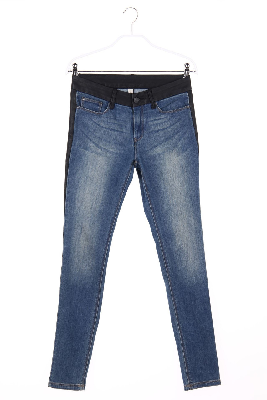 MANGO JEANS - Used Look Skinny-Jeans mit Kunstleder-Details - D 36