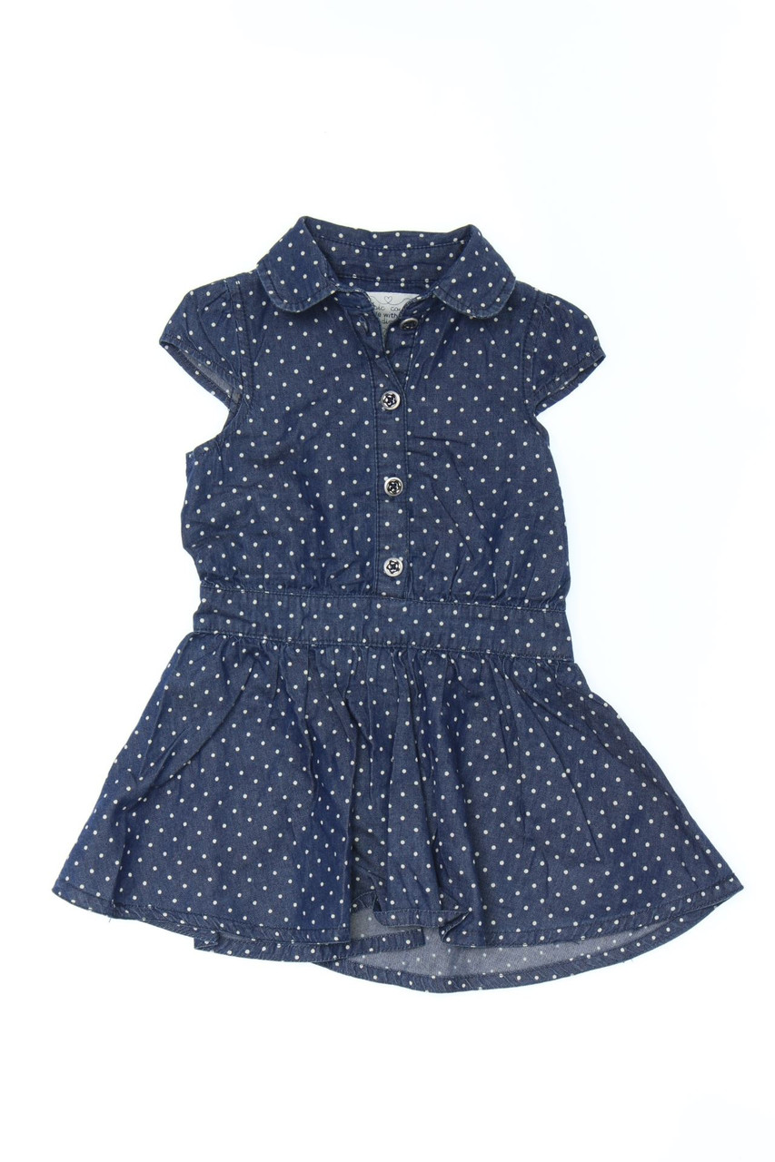 Ohne Label - Polka Dot-Kleid in Denim-Optik mit Raffungen - 80