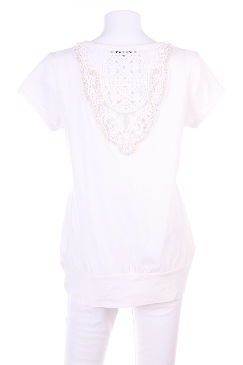 LIU JO JEANS - Boho-Kurzarm-Shirt mit Spitzen-Einsatz mit Perlen - M