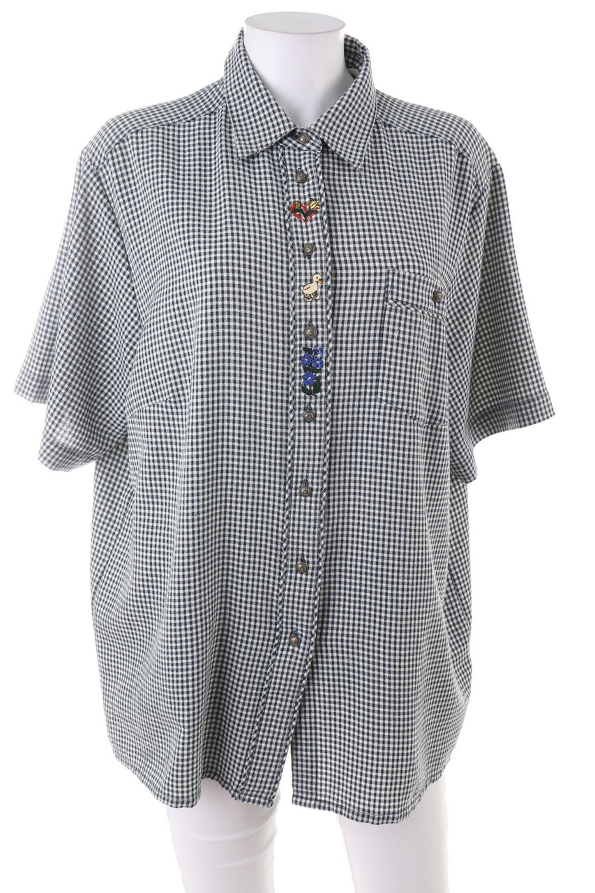 Ohne Label - Karo-Hemd-Bluse mit kurzem Ärmel im Trachten-Stil - D 48