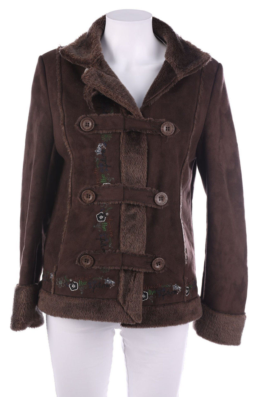 Desigual - Kunstlederjacke mit Faux Fur-Kragen mit Stickereien - D 36