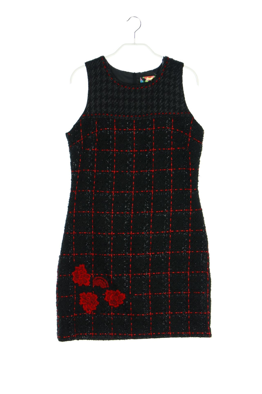 Desigual - Karo-Glitzer-Etui-Kleid aus Woll-Mix mit Stickereien - D 38