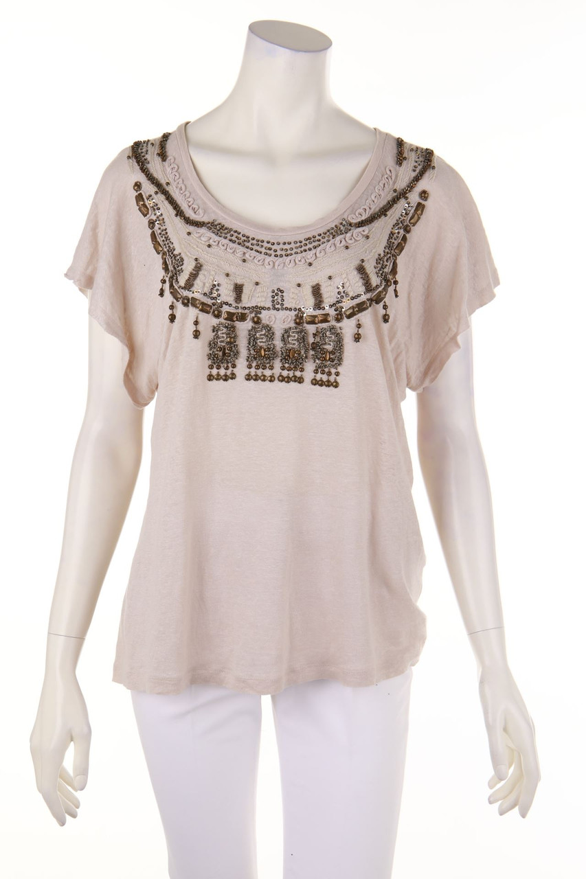 Max Mara WEEKEND - Kurzarm-Shirt aus Leinen mit Schmuckstein-Applikation - XL