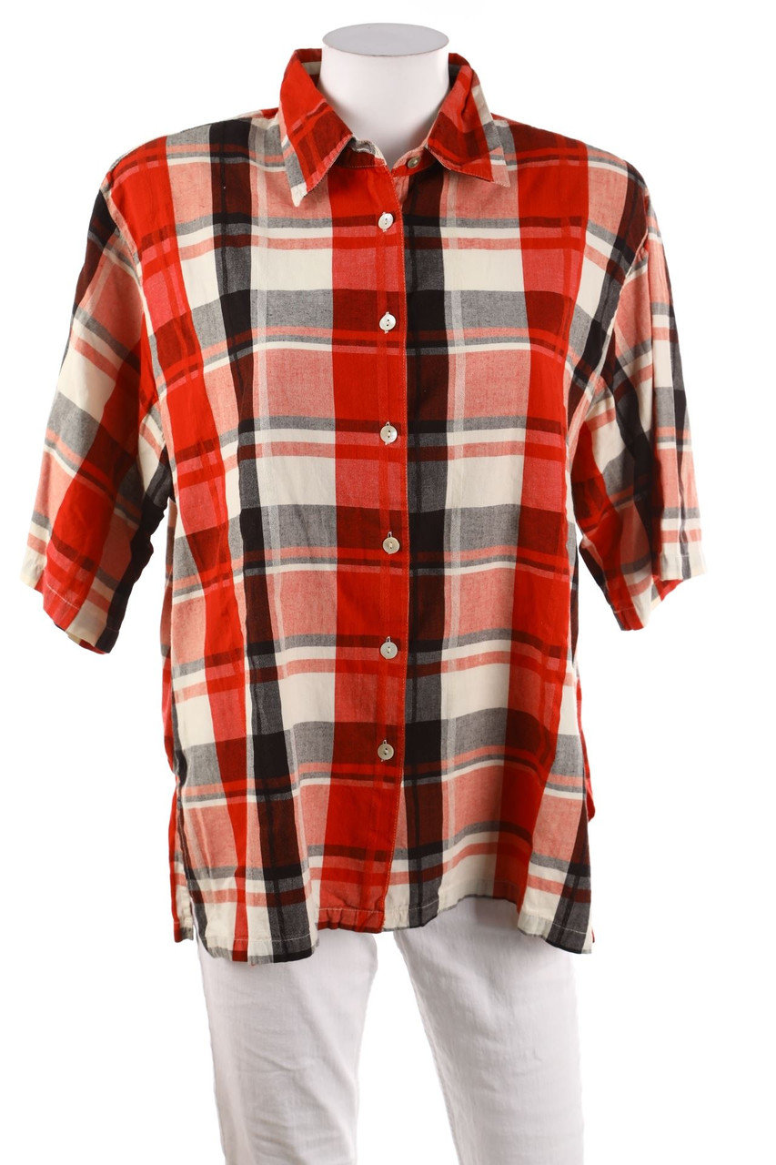 SECONDHAND - Karo-Hemd-Bluse mit kurzem Ärmel - D 48