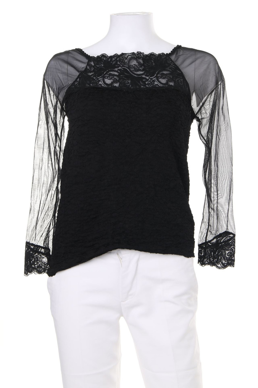Ohne Label - Crinkle-Bluse mit Mesh-Einsatz - S
