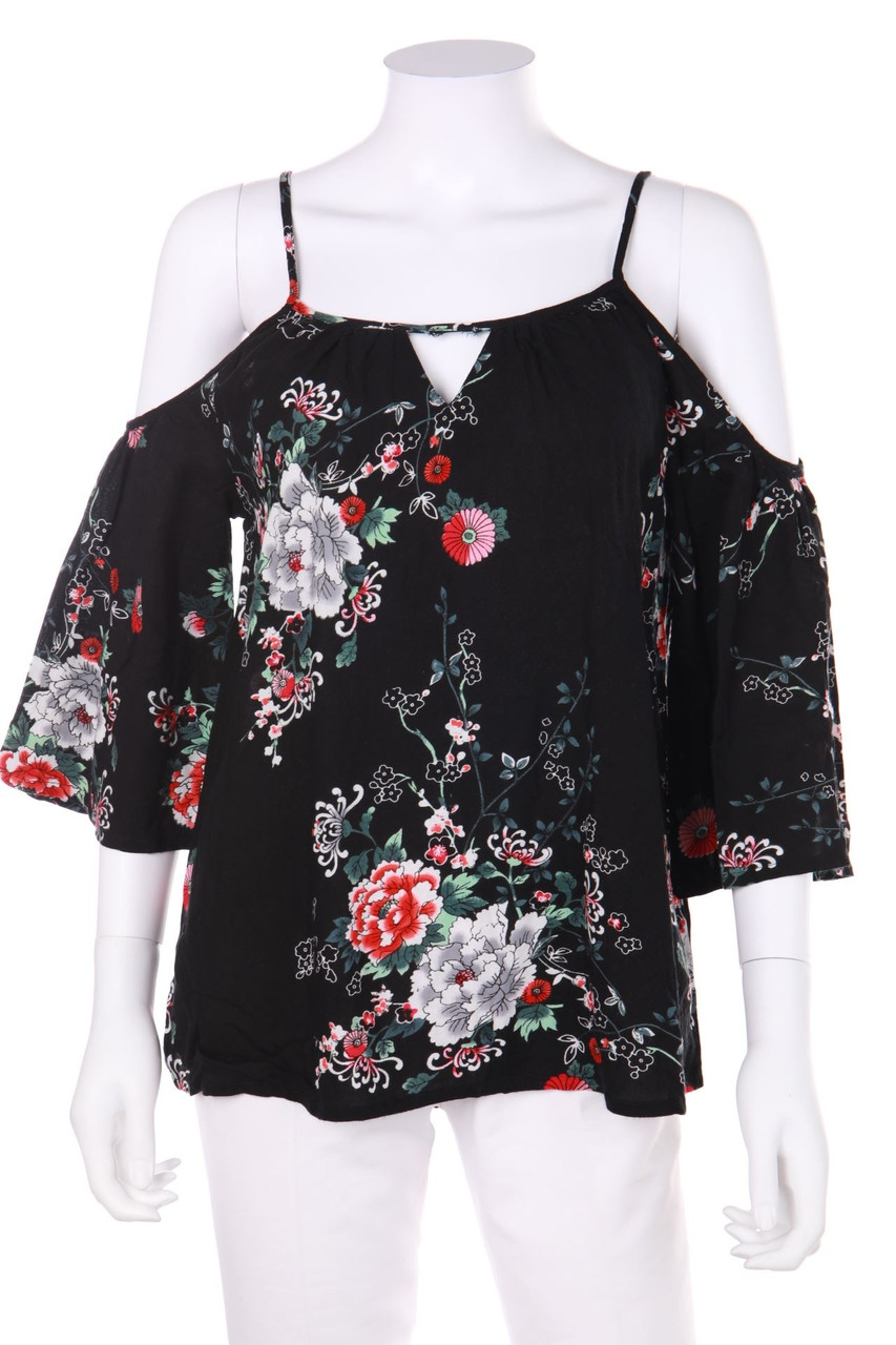 Ohne Label - Cold-Shoulder-Bluse mit floralem Muster - D 40