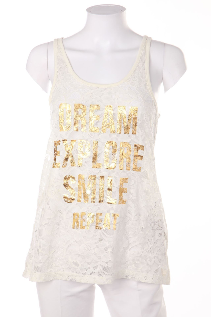 Laura Torelli COLLECTION - Top aus Spitze mit Statement-Print - S