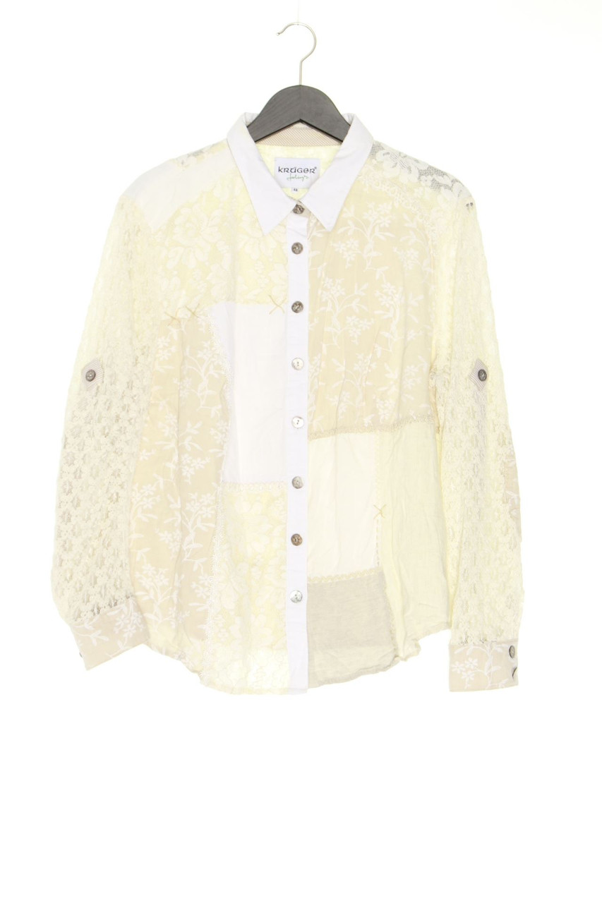 VINTAGE - Hemd-Bluse mit floralem Muster mit Leinen mit Krempel-Ärmeln mit Spitze - D 48