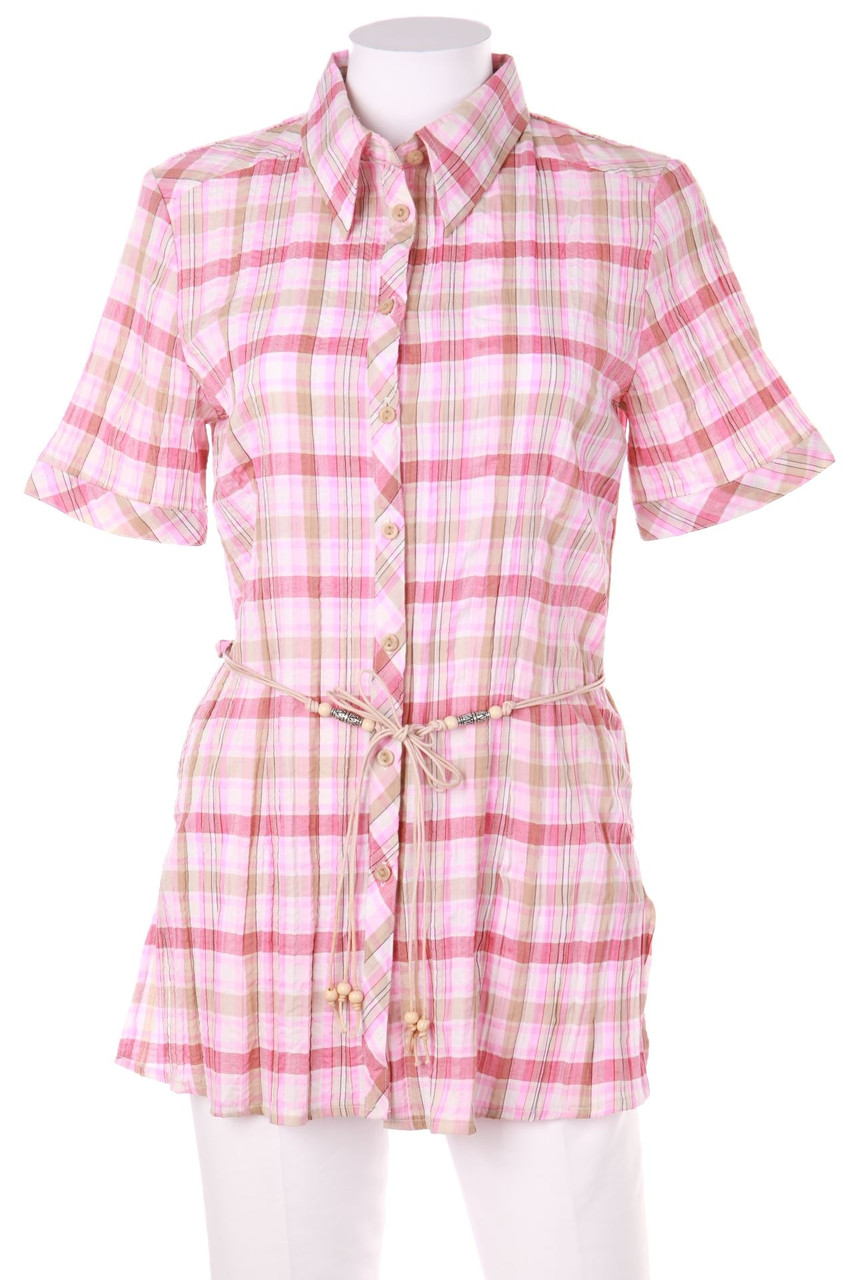 SECONDHAND - Kurzarm-Bluse mit Karo-Muster mit Gürtel - D 38