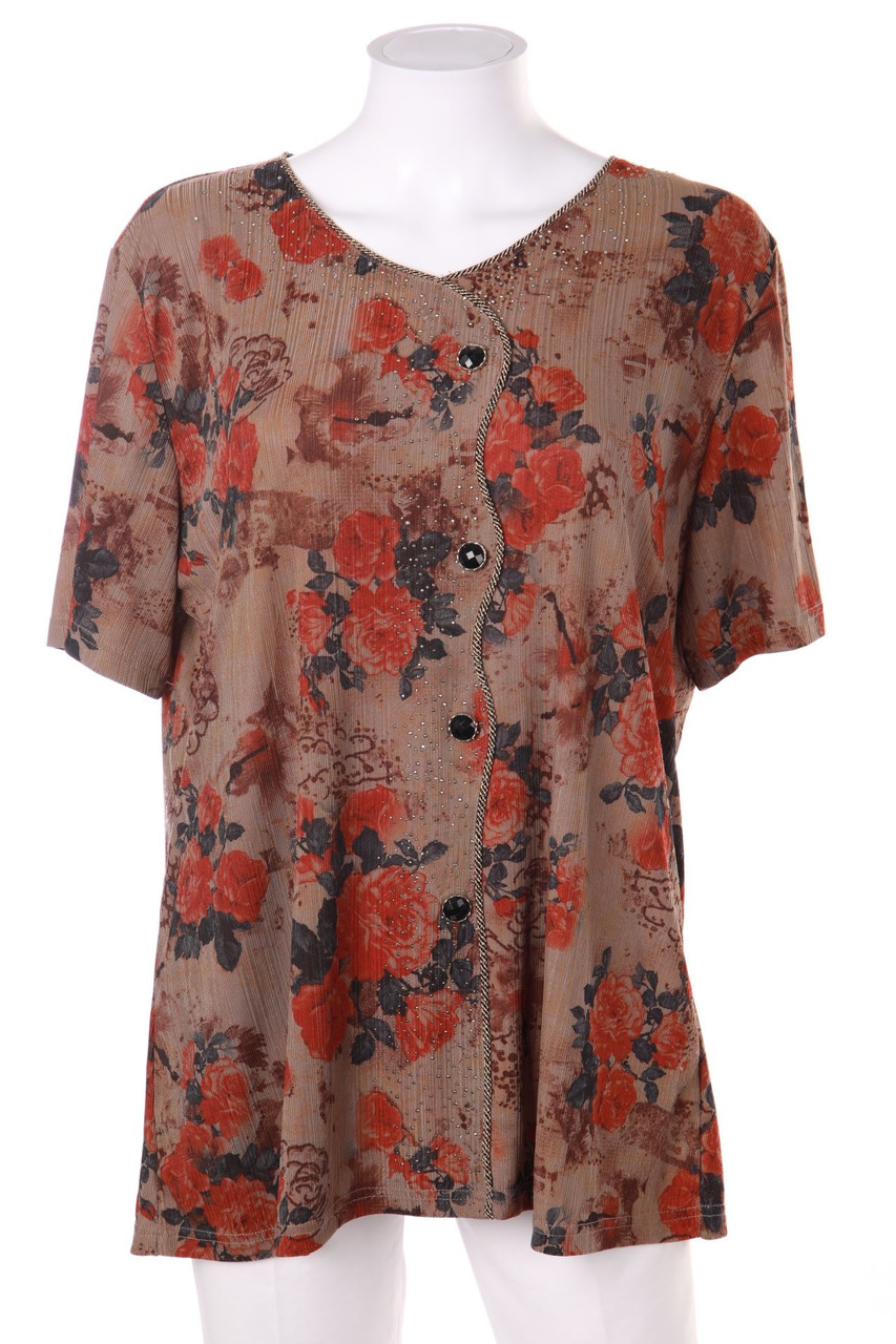 SECONDHAND - Kurzarm-Bluse mit Strass-Steinen mit Schmuck-Knöpfen mit floralem Muster - XXL
