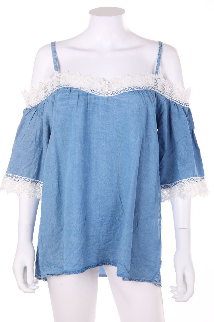 Chicorée - Träger-Denim-Bluse mit Spitze - M