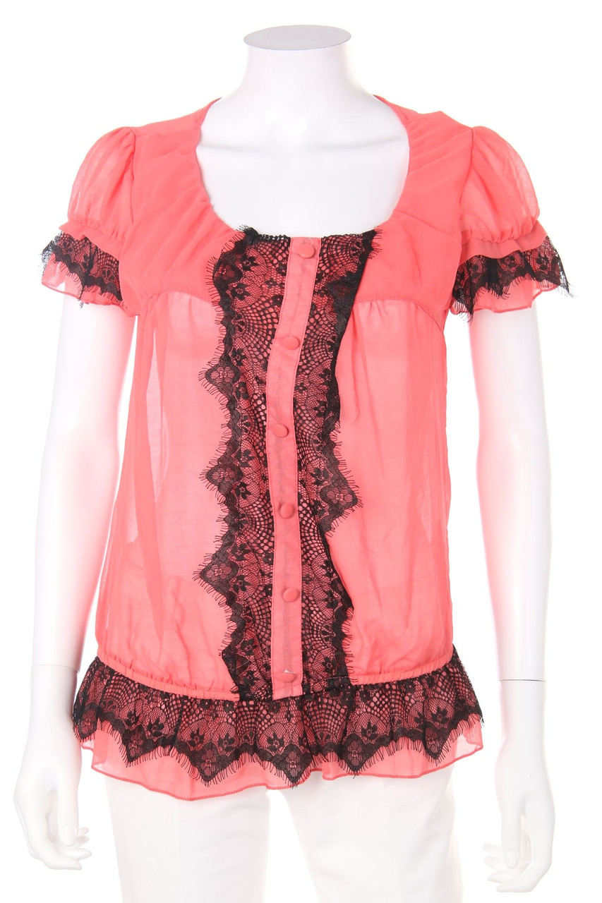 Ohne Label - Kurzarm-Bluse mit Spitzen-Einsatz - M