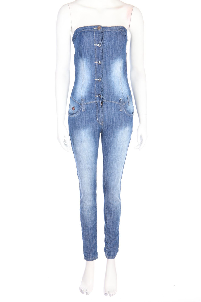 Ohne Label - Bandeau-Denim-Jumpsuit - L