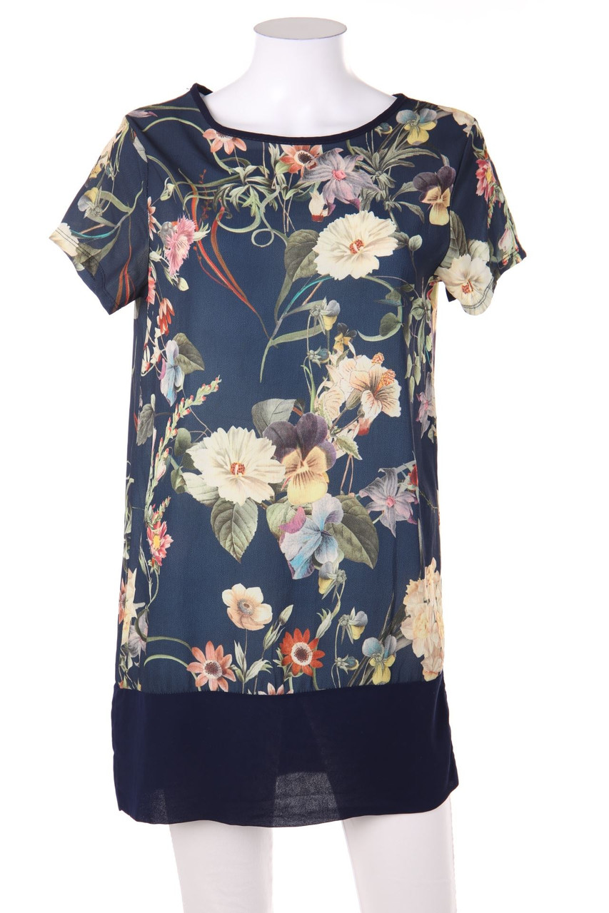 Ohne Label - Long-Kurzarm-Bluse mit floralem Muster - D 36