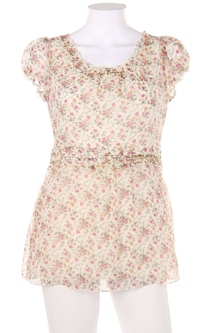 Ohne Label - Kurzarm-Bluse mit floralem Muster - L