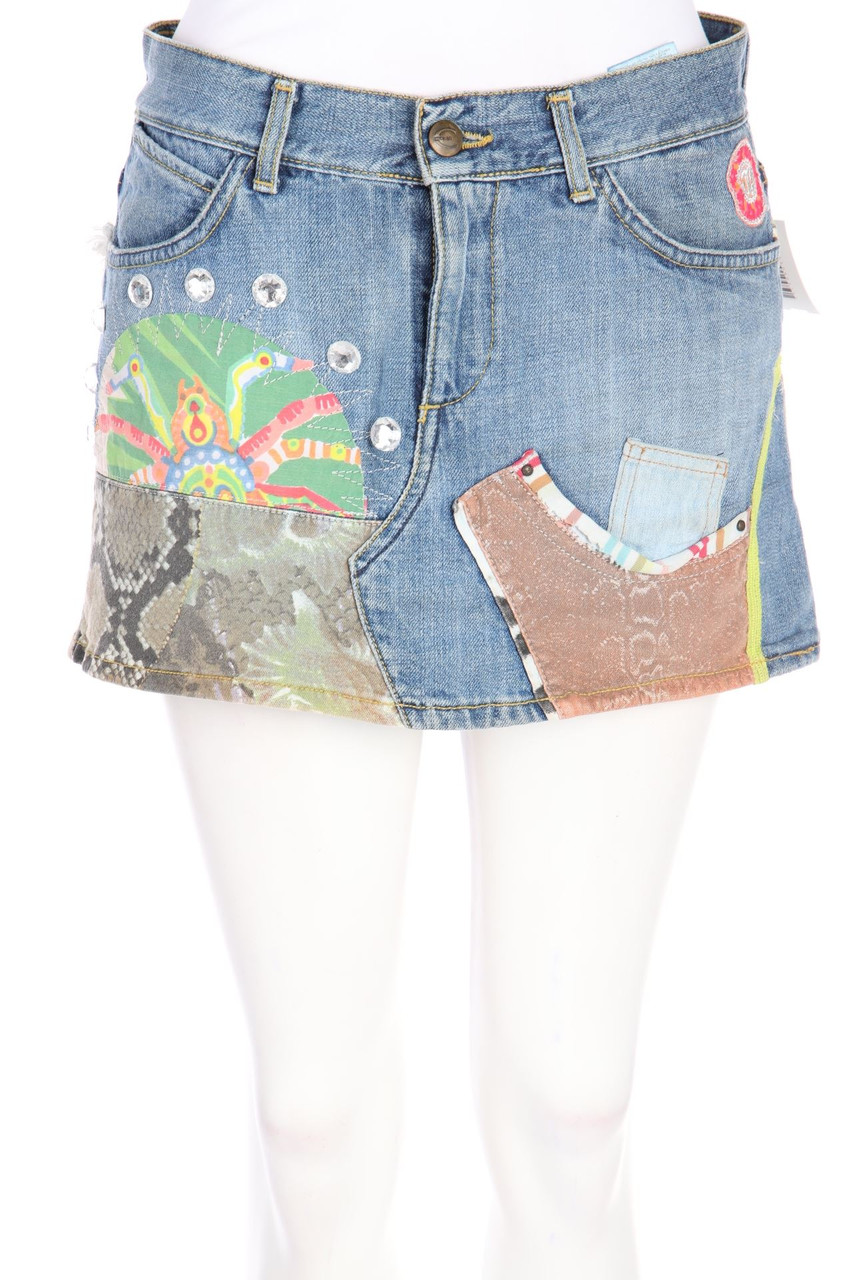Just cavalli - Patchwork-Mini-Jeansrock mit Schmuckstein-Applikation - D 36