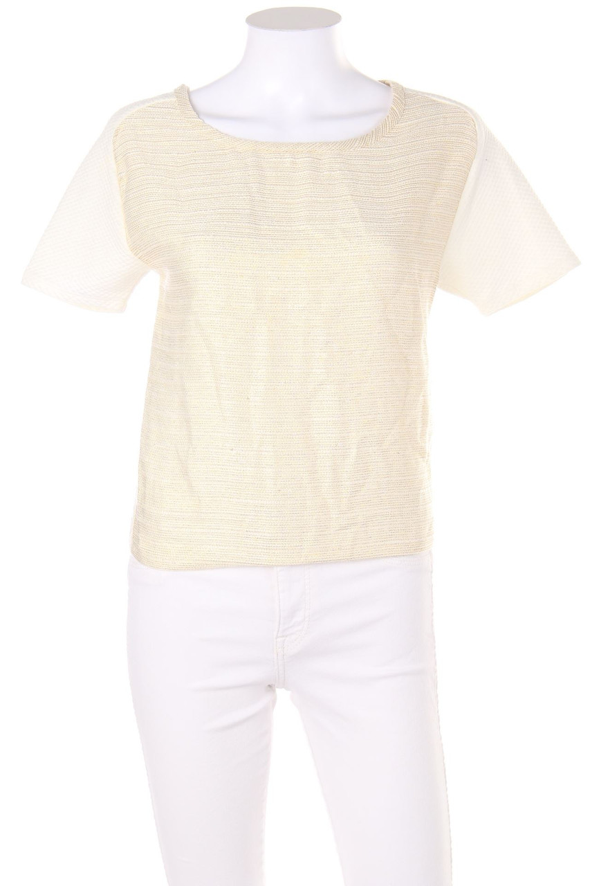 Ohne Label - Metallic-Kurzarm-Shirt mit Spitzen-Einsatz - S