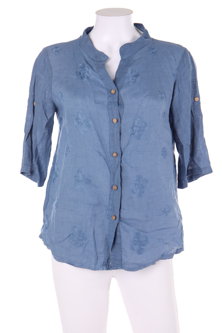 Ohne Label - Bluse mit 3/4-Ärmel mit Krempel-Ärmeln mit Stickereien aus Leinen - S