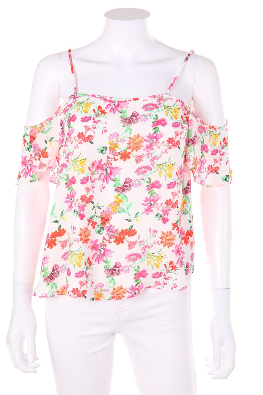 Bershka - Cold-Shoulder-Carmen-Bluse mit Blumen-Print - S