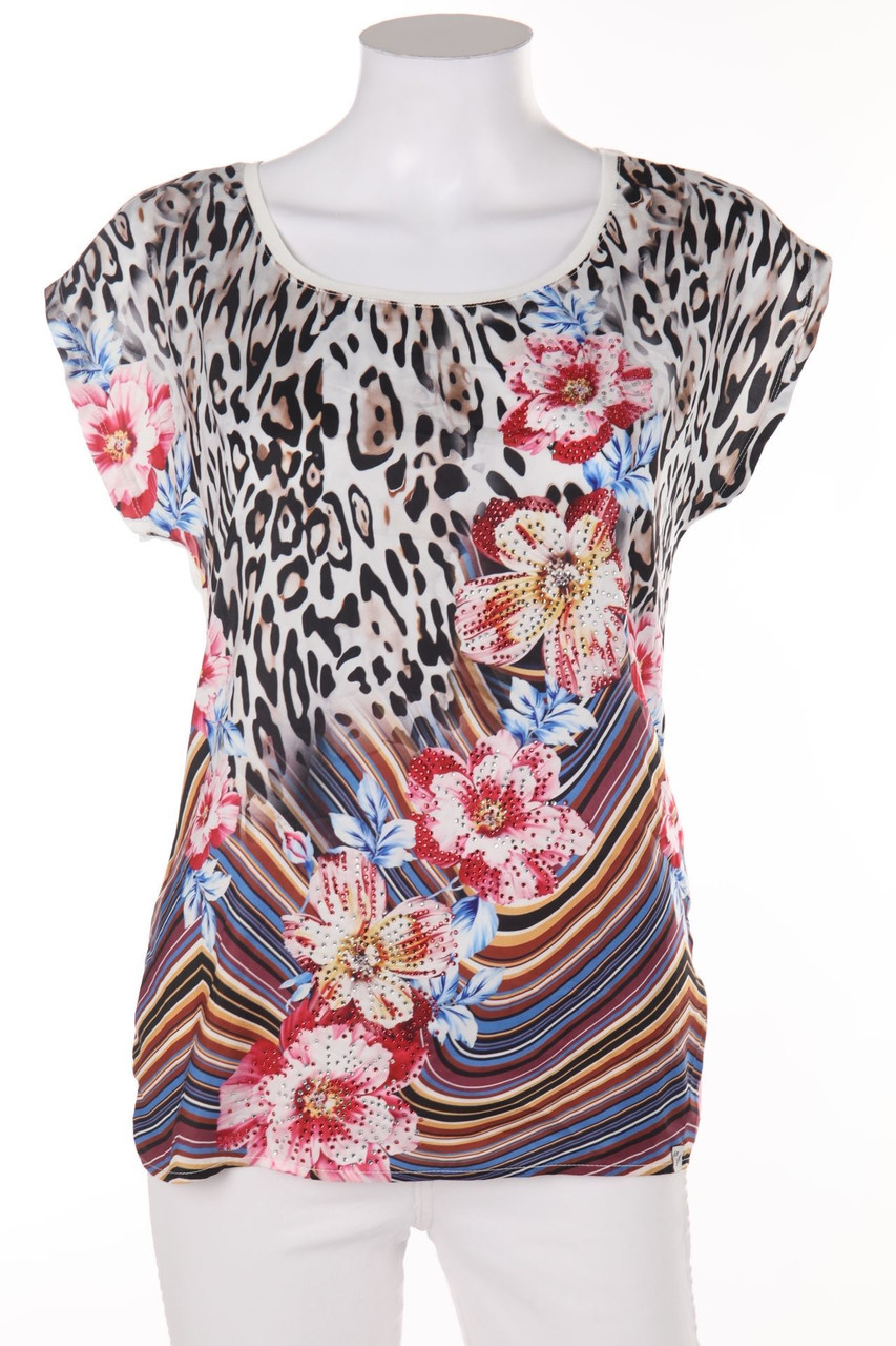 KEY LARGO - Kurzarm-Bluse mit Leo-Print mit floralem Muster mit Streifen mit Strass-Steinen - XS
