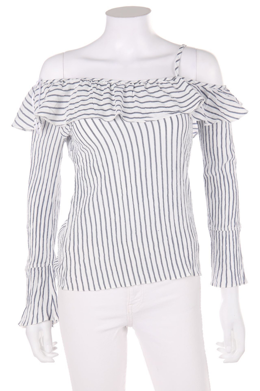 Ohne Label - Streifen-Volant-Bluse mit asymmetrischem Schnitt - S