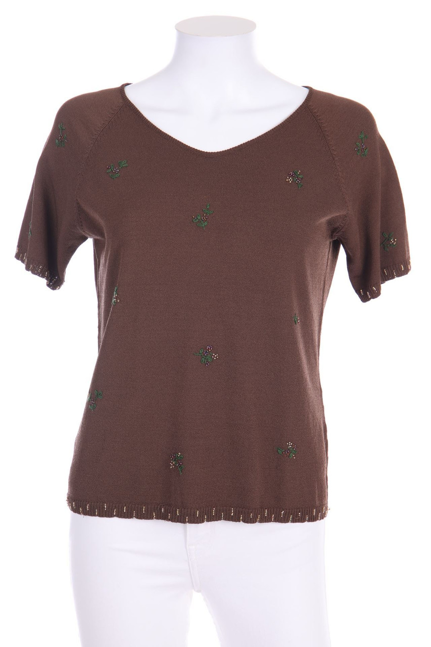 PUBLIC - Kurzarm-Strick-Pullover mit Schmuckstein-Applikation - D 40