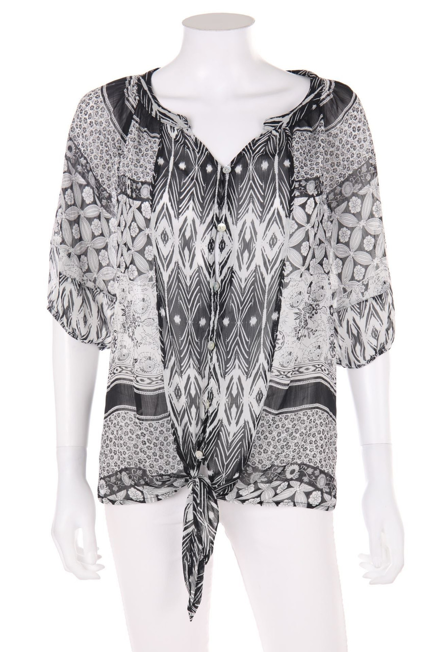 SECONDHAND - Bluse mit 3/4-Ärmel mit Ethno-Print zum Knoten - M