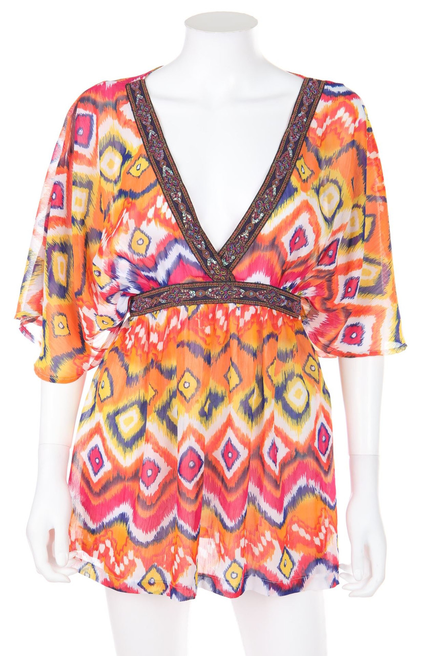 Ohne Label - Tunika-Bluse mit Ethno-Print mit Pailletten - L
