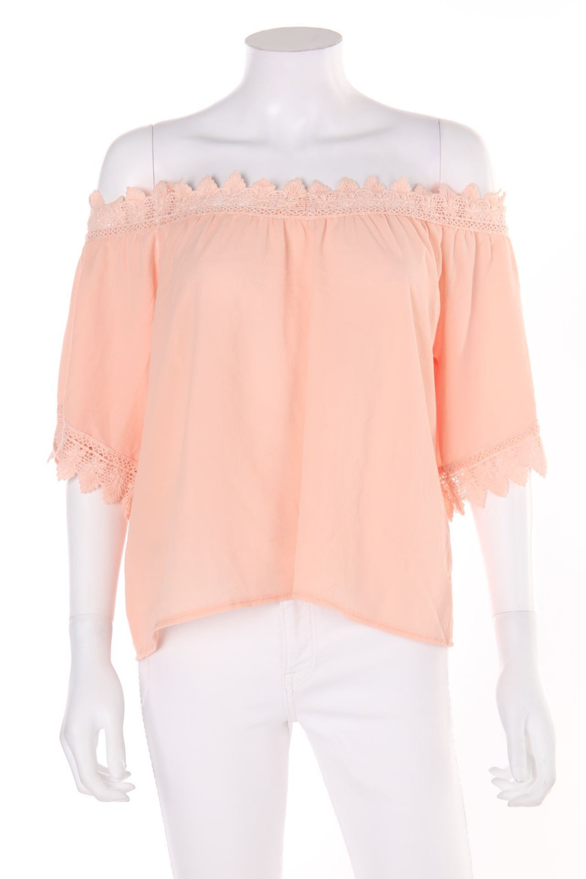 Ohne Label - Carmen-Bluse aus Crêpe mit Spitze - L