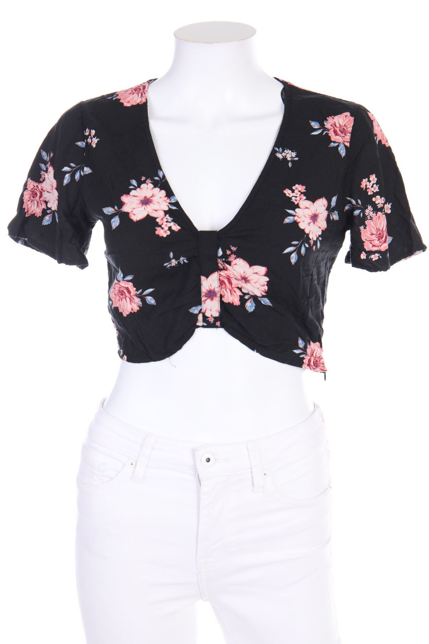 H&M DIVIDED - Cropped-Kurzarm-Bluse aus Viskose mit floralem Muster - D 36
