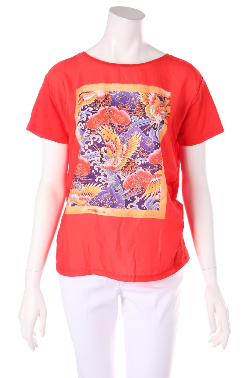 rich & royal - Print-Kurzarm-Bluse mit Schmuckstein-Applikation - L