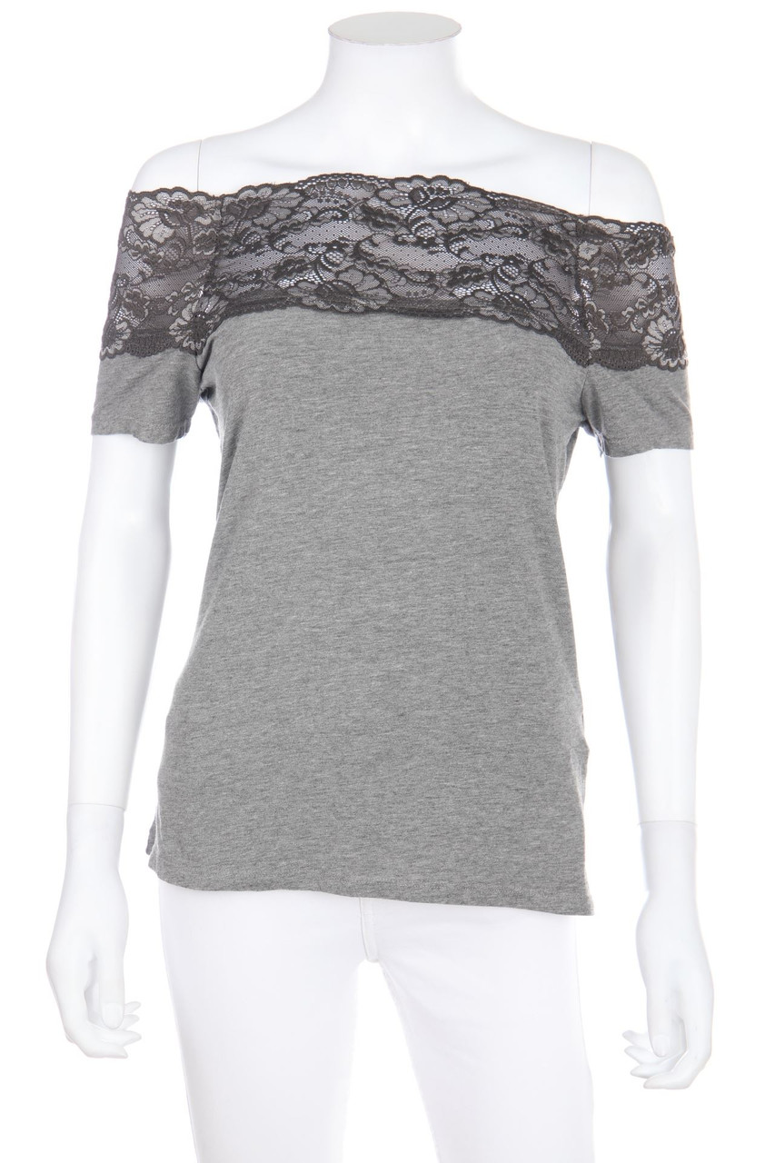 H&M - Carmen-Kurzarm-Shirt mit Spitzen-Einsatz - S