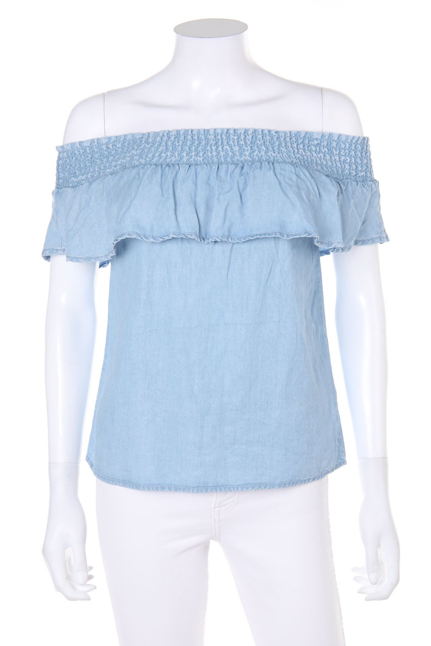 Pimkie COLLECTION - Carmen-Bluse in Denim-Optik mit Volants - XS