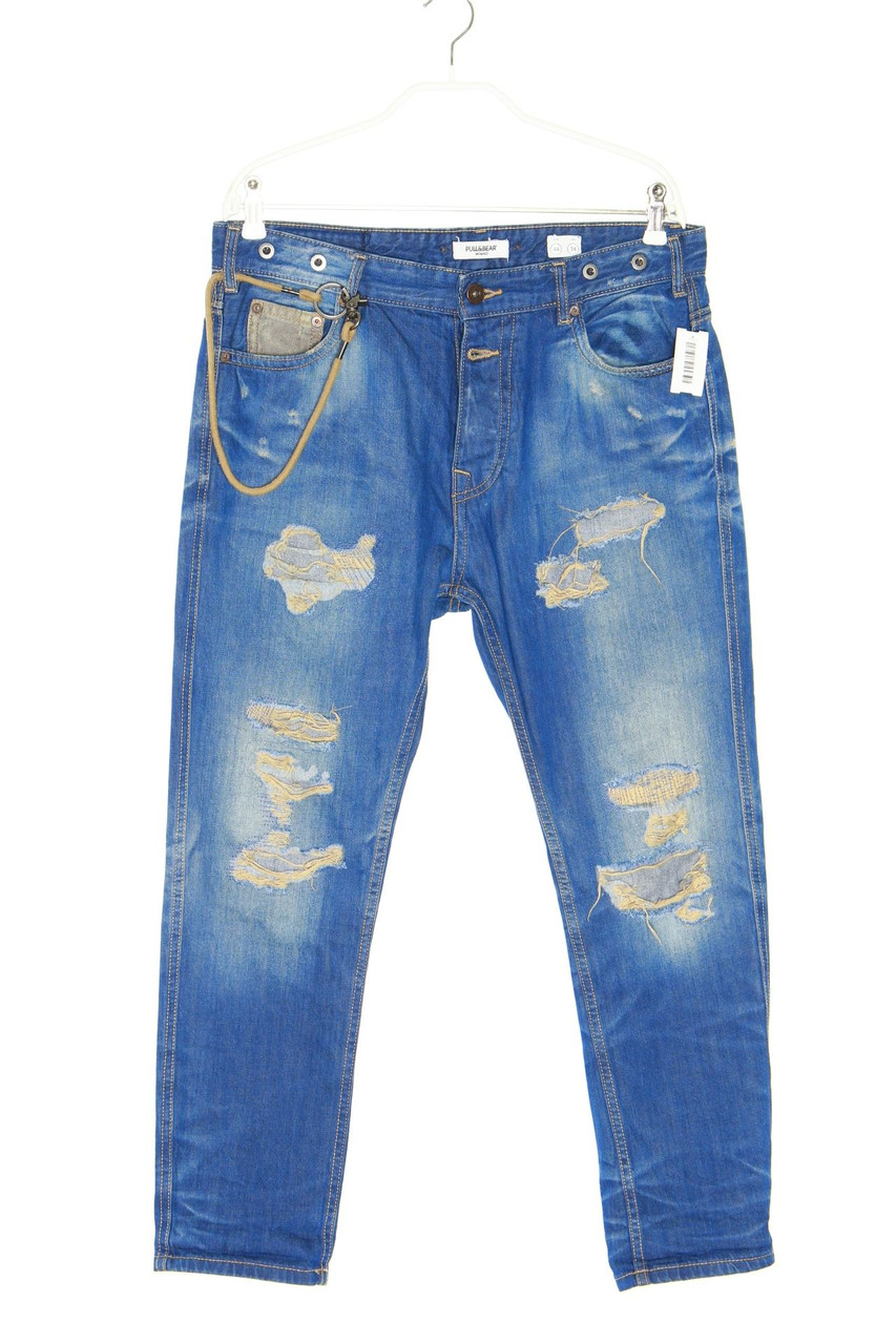 PULL&BEAR - Destroyed Slim-Jeans mit Logo-Patch - W34