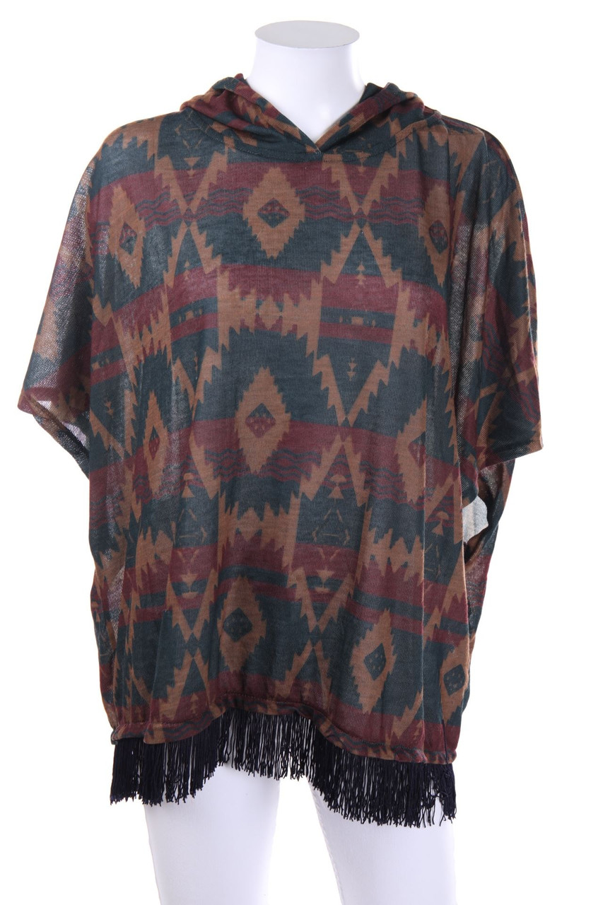 Bershka - Poncho mit Fransen mit Ethno-Print - M