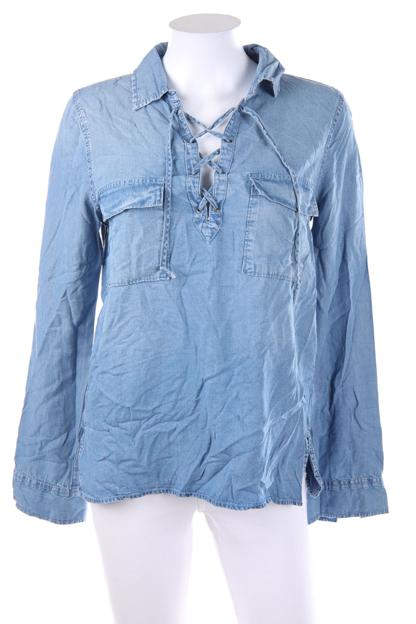 Abercrombie & Fitch - Tunika-Bluse in Denim-Optik mit Schnürung - M