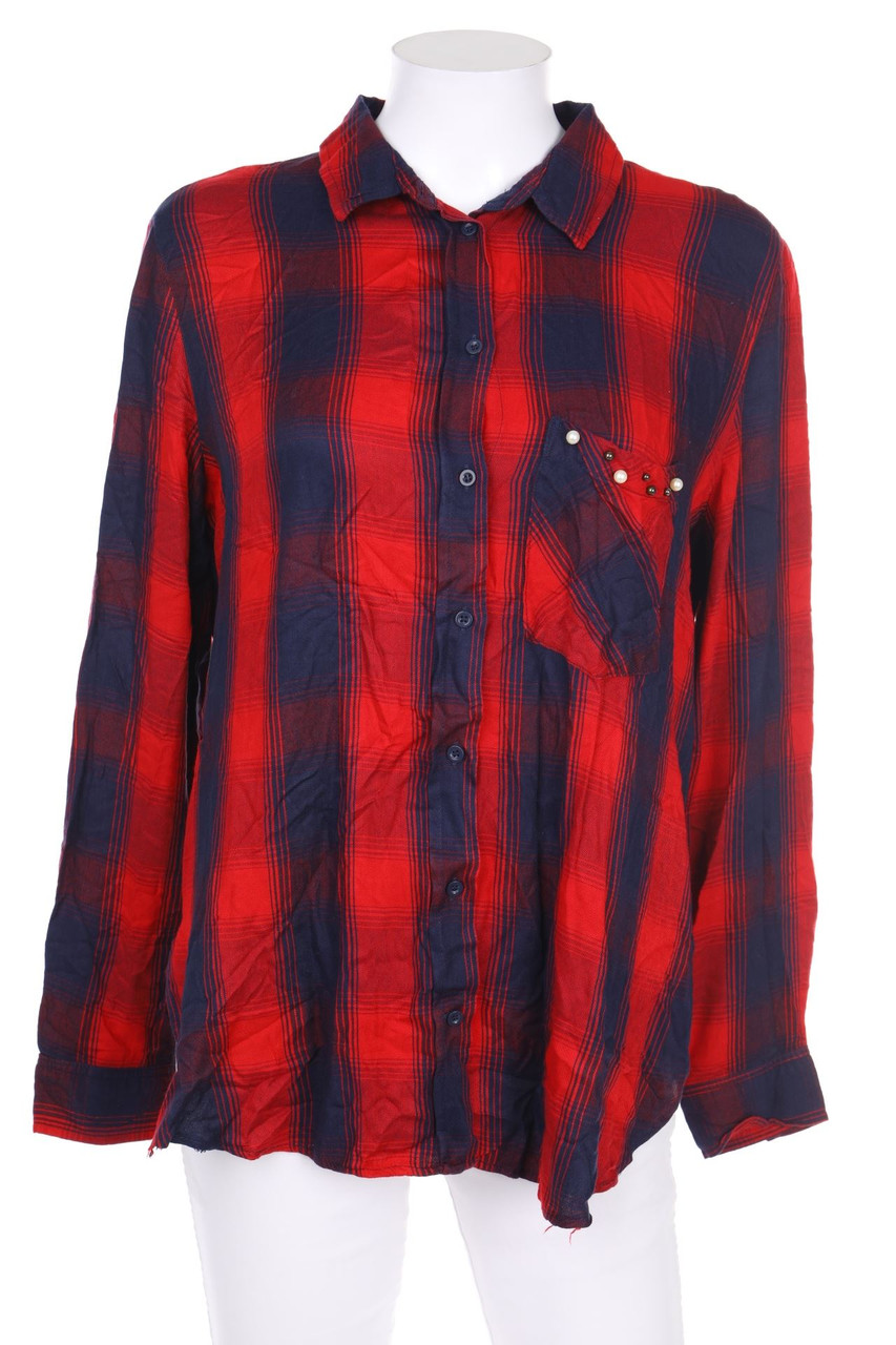 ZARA - Tartan-Hemd-Bluse mit Perlen - L