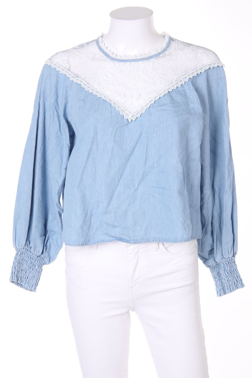 ZARA - Vintage Style-Jeans-Bluse mit Spitzen-Einsatz - XS