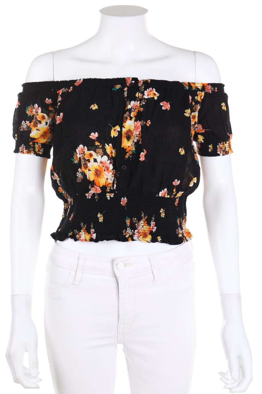 Ohne Label - Cropped-Kurzarm-Bluse mit Blumen-Print - D 36-38