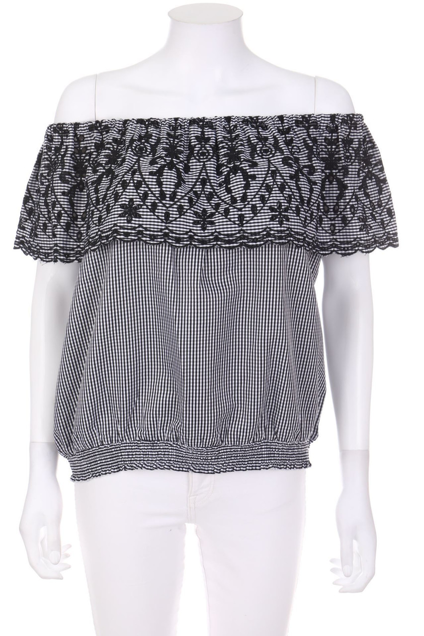 NAF NAF - Karo-Volants-Carmen-Bluse mit Stickereien - D 40