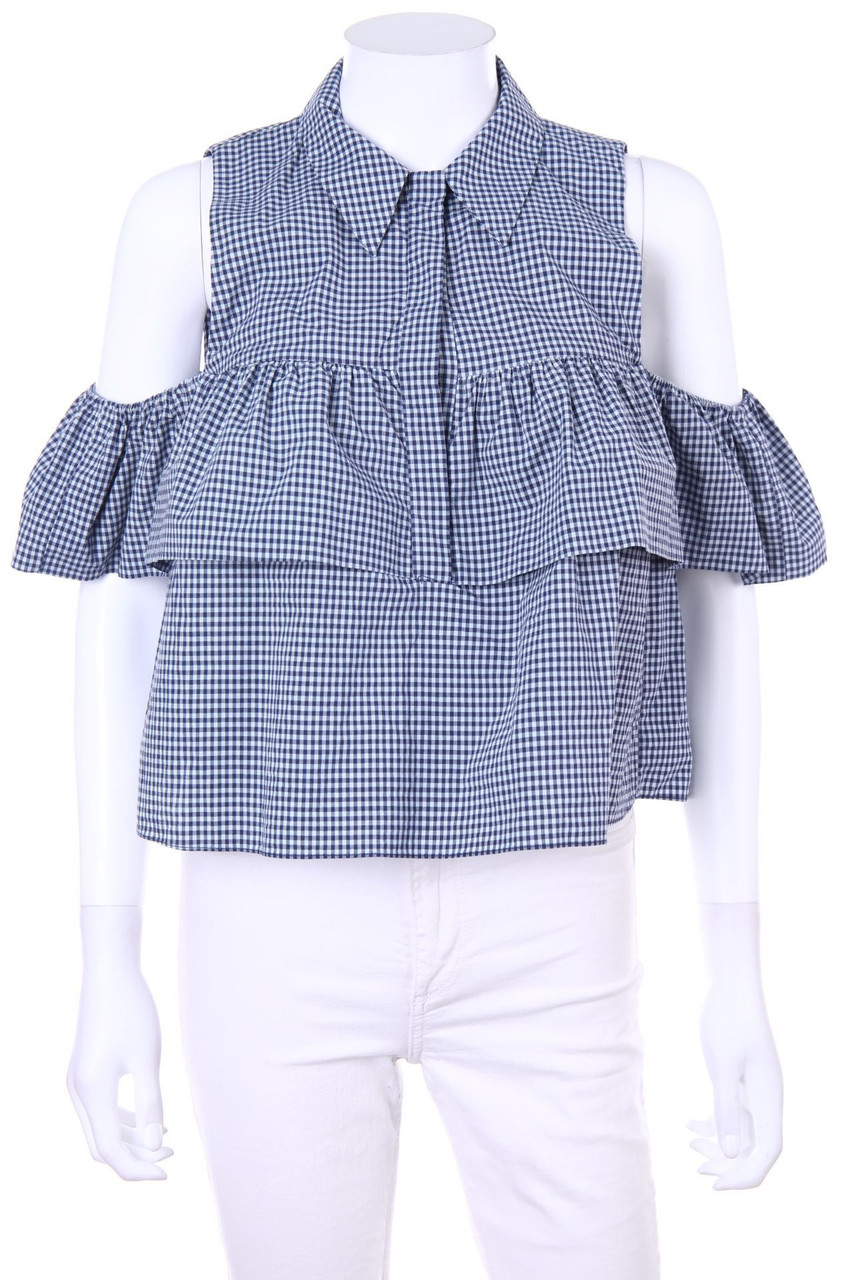 ZARA TRF - Cold-Shoulder-Bluse mit Karo-Muster - M