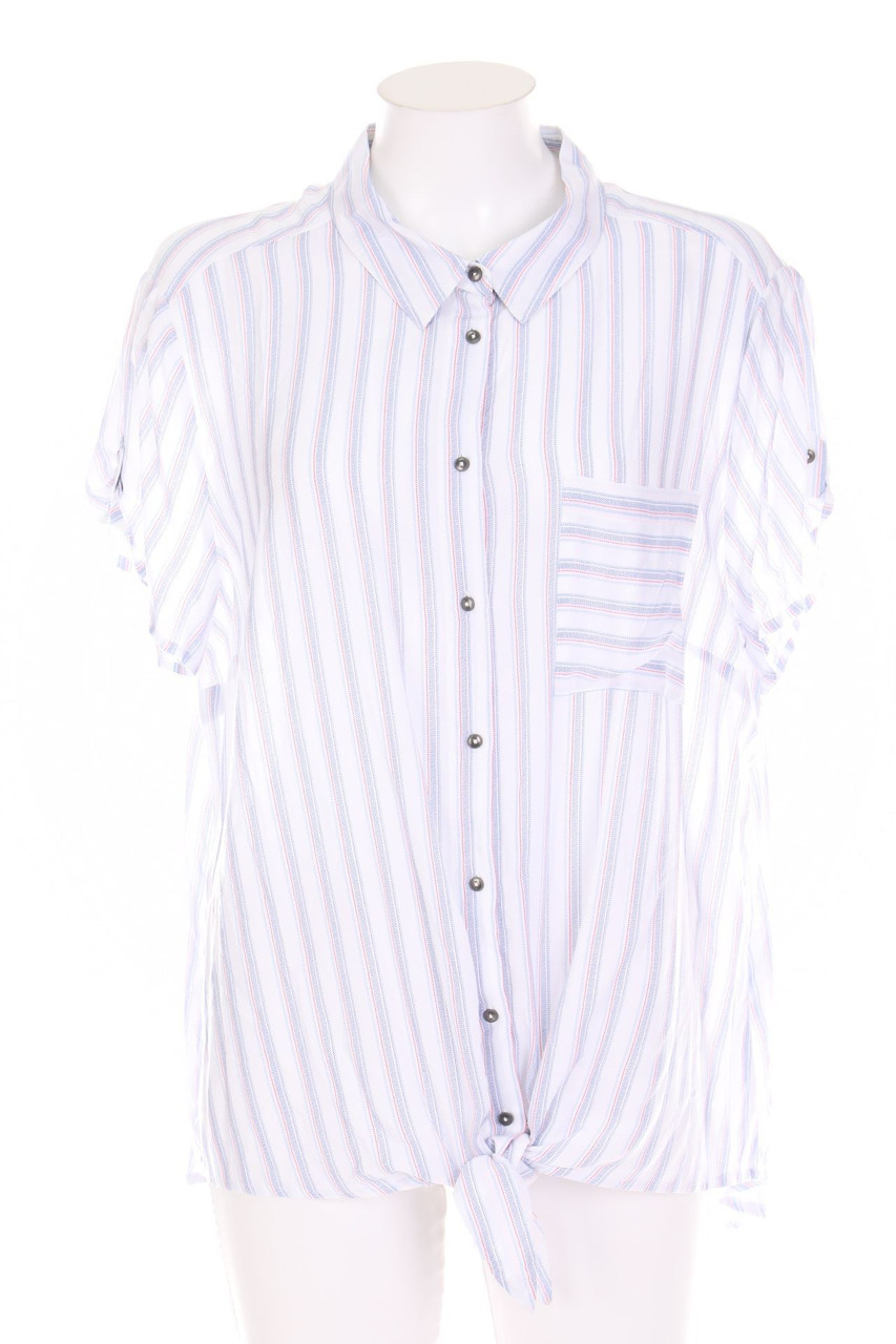 Ohne Label - Streifen-Hemd-Bluse mit kurzem Ärmel zum Knoten - D 48