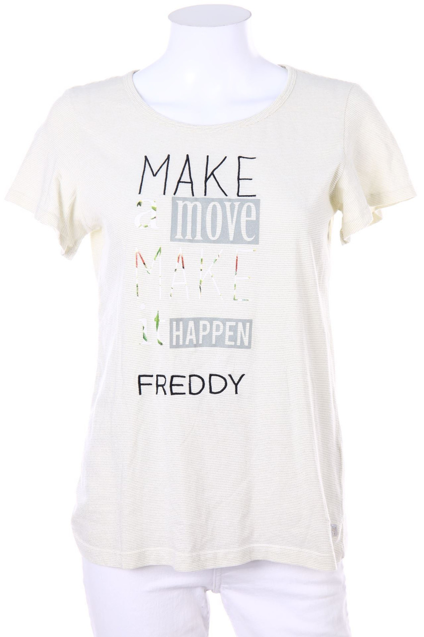 FREDDY - Streifen-Kurzarm-Shirt mit Statement-Print - D 36