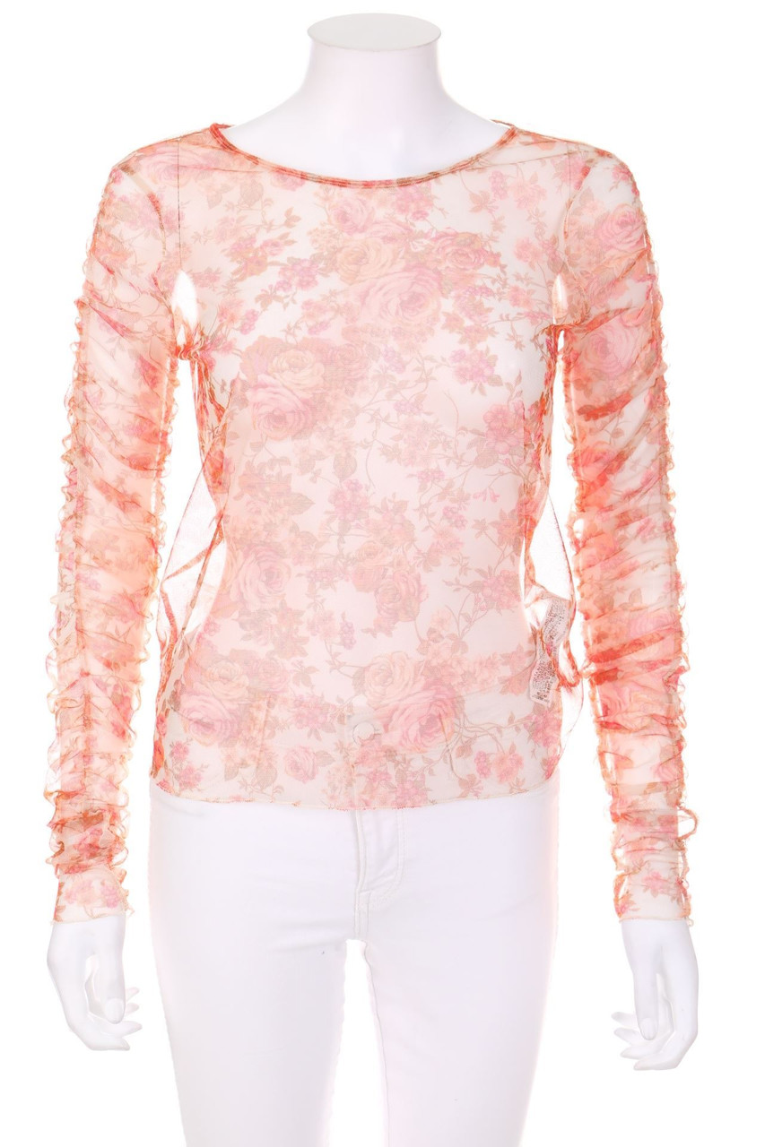 ZARA - Mesh-Shirt mit Blumen-Print mit Raffungen - S